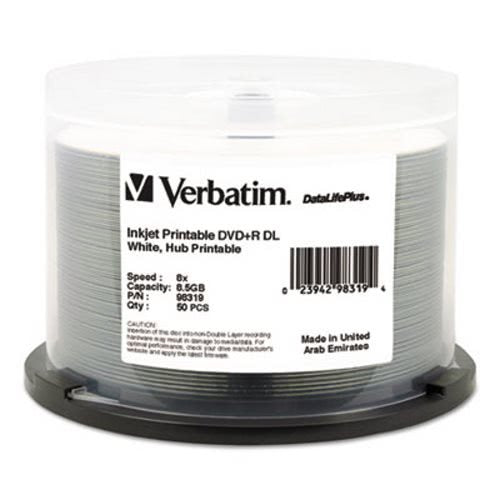 Verbatim DVD+R Dual Layer Recordable Disc, Printable, Spindle, 50/Pk (VER98319)