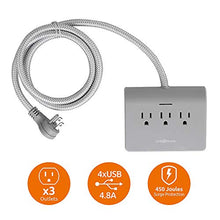 Load image into Gallery viewer, Link 2 Home EM-TXC202B Surge Protector, 5ft Extension, 3 Outlets Strip, 4 Ports, 4.8A USB, Braided Cable with Low Profile Plug, Grey Fabric Cord Power Dock 1pk
