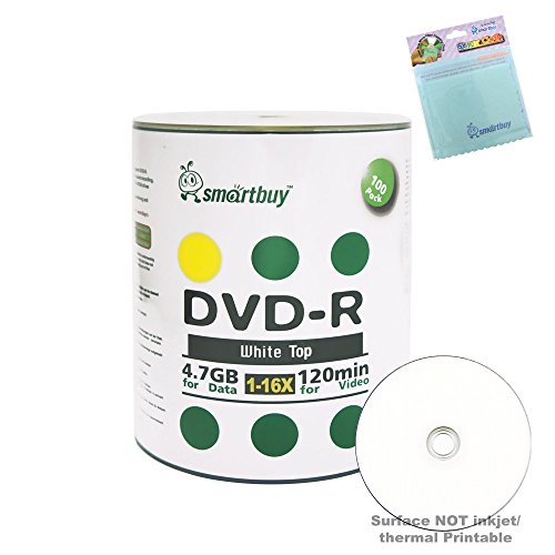 Smartbuy 100-disc 4.7GB/120min 16x DVD-R White Top Blank Media Record Disc + Free Micro Fiber Cloth