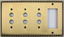 Load image into Gallery viewer, Egg &amp; Dart Antique Brass 4 Gang Combo Switch Plate - 3 Push Button Light Switches 1 GFI Outlet/Rocker Switch
