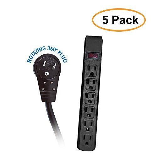 ACL 10 Feet Surge Protector, Flat Rotating Plug, 6 Outlet, Black Horizontal Outlets, Plastic, Power Cord, 5 Pack