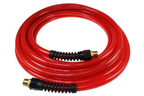 Coilhose Pneumatics PFE60506TR Flexeel Reinforced Polyurethane Air Hose, 3/8-Inch ID, 50-Foot Length with (2) 3/8-Inch MPT Reusable Strain Relief Fittings, Transparent Red