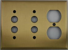 Load image into Gallery viewer, Antique Brass 3 Gang Wall Plate - 2 Push Button Light Switches 1 Duplext Outlet
