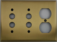 Antique Brass 3 Gang Wall Plate - 2 Push Button Light Switches 1 Duplext Outlet