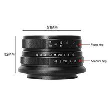 Load image into Gallery viewer, 7artisans 25mm F1.8 APS-C Manual Fixed Lens for Fuji Cameras X-A1 X-A10 X-A2,X-A3 X-at X-M1 XM2 X-T1 X-T10 X-T2 X-T20 X-Pro1 X-Pro2 X-E1 X-E2 X-E2s (Black)
