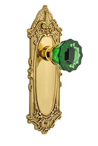 Nostalgic Warehouse 725198 Victorian Plate Privacy Crystal Emerald Glass Door Knob in Polished Brass, 2.375