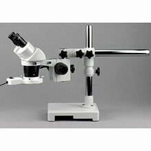 Load image into Gallery viewer, AmScope SW-3B13-FRL Binocular Stereo Microscope, WH10x Eyepieces, 10X and 30X Magnification, 1X/3X Objective, Single-Arm Boom Stand, 8W Fluorescent Ring Light, 110V-120V
