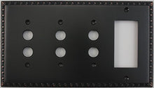 Load image into Gallery viewer, Egg &amp; Dart Oil Rubbed Bronze 4 Gang Combo Switch Plate - 3 Push Button Light Switches 1 GFI Outlet/Rocker Switch
