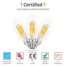 Load image into Gallery viewer, Brite Innovations 5-Watt = 60W Equivalent (3 Pack) LED Filament Candelabra/Chandelier Light Bulb-Dimmable-Soft White 3000K- Torpedo Tip Energy Star &amp; UL Listed
