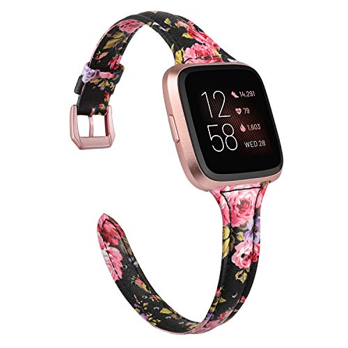 TOYOUTHS Leather Strap Compatible with Fitbit Versa/Versa 2 Bands Women Men Slim Genuine Leather Wristbands Replacement for Versa Lite Edition/Versa SE Classic Accessorie (Black/Pink Floral)