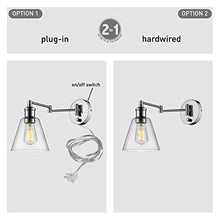 Load image into Gallery viewer, Globe Electric 65704 LeClair 1-Light Plug-In or Hardwire Industrial Wall Sconce, Chrome Finish, On/Off Rotary Switch, 6ft Clear Cord, Clear Glass Shade
