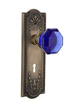 Load image into Gallery viewer, Nostalgic Warehouse 725586 Meadows Plate with Keyhole Privacy Waldorf Cobalt Door Knob in Antique Brass, 2.375
