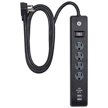 Load image into Gallery viewer, GE 4-Outlet Surge Protector, 2 USB Ports, 6 Ft Power Cord, 450 Joules, Flat Plug, Twist to Lock Safety Covers, Automatic Shutdown Technology, Circuit Breaker, Warranty, UL Listed, Black, 37465
