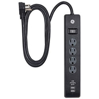 GE 4-Outlet Surge Protector, 2 USB Ports, 6 Ft Power Cord, 450 Joules, Flat Plug, Twist to Lock Safety Covers, Automatic Shutdown Technology, Circuit Breaker, Warranty, UL Listed, Black, 37465