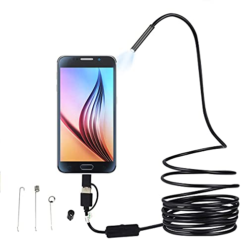 3-in-1 USB Endoscope Waterproof Semi-Rigid SnakeCable, Borescopes 5.5mm Inspection Camera IP67 Waterproof Snake Camera with 6 Adjustable LED Lights for Type-C & Android & PC, (5M/16ft)