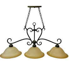 Load image into Gallery viewer, 3-Light Bronze Rustic Billiard Pendant Light | Old Bronze Finish, 13&quot; Amber Glass Shades
