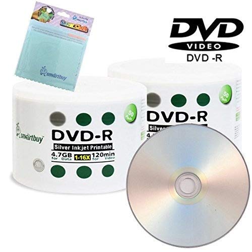 Smartbuy 100-disc 4.7GB/120min 16x DVD-R Silver Inkjet Hub Printable Blank Media Disc + Free Micro Fiber Cloth