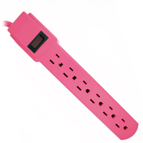 Topzone 1 Feet 6 Outlets Built-in Safety Circuit Breaker Angle Plug AC Wall Power Strip UL Listed (Pink)