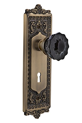 Nostalgic Warehouse 726808 Egg & Dart Plate with Keyhole Passage Crystal Black Glass Door Knob in Antique Brass, 2.375