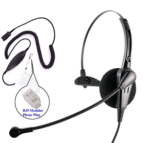RJ9 Headset with Virtual Switch - Cost Effective Monaural Headset + Universal Compatible RJ9 Quick Disconnect Cord Compatible with Plantronics QD