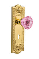 Nostalgic Warehouse 725574 Meadows Plate with Keyhole Privacy Crystal Pink Glass Door Knob in Polished Brass, 2.375