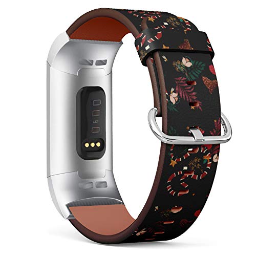 Replacement Leather Strap Printing Wristbands Compatible with Fitbit Charge 3 / Charge 3 SE - Dark Compatible with Fitbitest Pattern with Fitbit Snake, Wild Leaves,Flowers,Insect and Butterfly