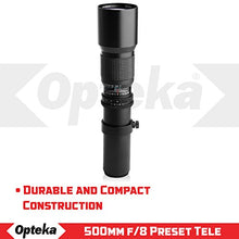 Load image into Gallery viewer, Opteka 500mm f/8 Manual Preset Telephoto Lens for Canon EOS 80D, 77D, 70D, 60D, 7D, 6D, 5D, 5Ds, Rebel T7i, T7s, T6i, T6s, T5i, T5, T4i, T3i, T3, T2i, T1i, SL2 and SL1 Digital SLR Cameras
