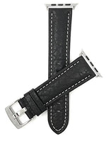Bandini Replacement Watch Band for Apple Watch 42mm/44mm, Black, Classic Leather Buffalo Pattern, White Stitching, Stainless Steel Buckle, Fits Series 6, 5, 4, 3, 2, 1