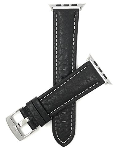 Bandini Replacement Watch Band for Apple Watch 38mm/40mm, Black, Classic Leather Buffalo Pattern, White Stitching, Fits Series 6, 5, 4, 3, 2, 1