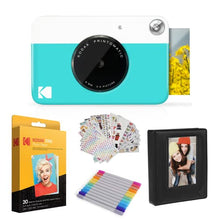 Load image into Gallery viewer, Kodak Printomatic Instant Camera (Blue) Gift Bundle + Zink Paper (20 Sheets) + Case + 7 Sticker Sets + Markers + Photo Album.
