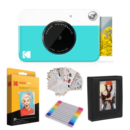 Kodak Printomatic Instant Camera (Blue) Gift Bundle + Zink Paper (20 Sheets) + Case + 7 Sticker Sets + Markers + Photo Album.