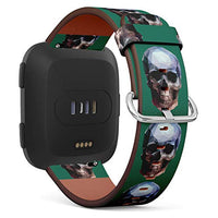 Replacement Leather Strap Printing Wristbands Compatible with Fitbit Versa - Geometric Skull on Teal Background
