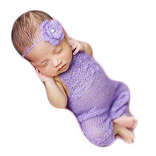 Load image into Gallery viewer, Baby Photography Props Boy Girl Photo Shoot Outfits Newborn Crochet Costume Infant Knitted Clothes Mohair Headdress Rompers (Purple)
