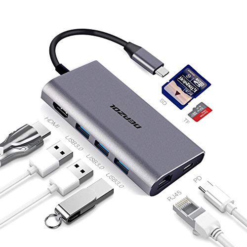 DEPZOL USB C Hub, Type C Adapter 8-in-1 Dock to HDMI 4K, Gigabit Ethernet RJ45, PD Power Delivery, 3 USB 3.0 Ports and TF SD Card Readers for MacBook Pro 2018/2017/2016 and More USB-C Devices