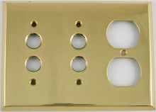 Load image into Gallery viewer, Polished Brass 3 Gang Wall Plate - 2 Push Button Light Switch 1 Duplex Outlet
