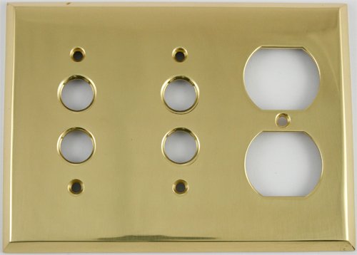 Polished Brass 3 Gang Wall Plate - 2 Push Button Light Switch 1 Duplex Outlet