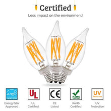 Load image into Gallery viewer, Brite Innovations 5-Watt = 60W Equivalent (3 PACK) LED Filament Candelabra/Chandelier Light Bulb-Dimmable-Soft White 3000K-Flame Tip ENERGY STAR &amp; UL LISTED
