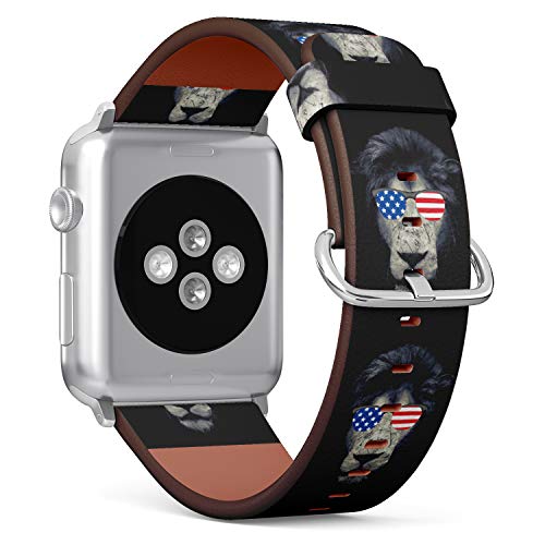 S-Type iWatch Leather Strap Printing Wristbands for Apple Watch 4/3/2/1 Sport Series (38mm) - Wild Lion Wearing Sunglasses Textured by Flag of United States