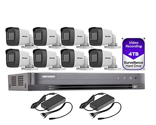 Hikvision 5MP 8CH Turbo HD Analog CCTV System: 8CH DVR with 4TB HDD Installed, 5MP IR 2.8mm Lens Outdoor Mini-Bullet Camera x8, DC12V 5Amp Power Supply x2 and 1-to-4 DC Splitter x2
