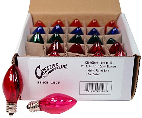 Creative Hobbies Box of 25 Colored Light Bulbs, Random Blinking, 7 Watt, C7 Candelabra Base -Great for Night Lights and Christmas Strings