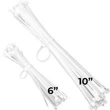 Load image into Gallery viewer, Pro-Grade, White Zip Ties Multisize Set of 100. High-Strength Cable Tie Pack Has 50x 6 and 10 inch UV-Resistant Nylon Fasteners. Durable Wraps For Storage, Organization and Wire Management
