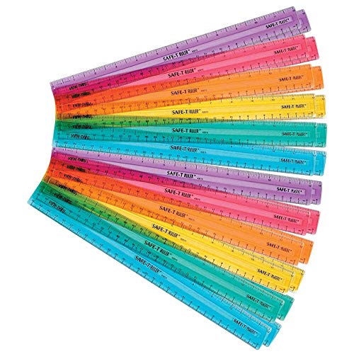 hand2mind 12 inch Multicolored, Transparent, Semiflexible Safe-T Plastic Rulers, Rainbow Plastic Rulers, Safety Ruler for Measurement, Safety Kids School Supplies, Straight Rulers (Pack of 24)
