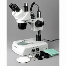 Load image into Gallery viewer, AmScope SW-2T24Z Trinocular Stereo Microscope, WH10x Eyepieces, 20X/40X/80X Magnification, 2X/4X Objective, Upper and Lower Halogen Lighting, Pillar Stand, 110V-120V, Includes 2.0x Barlow Lens
