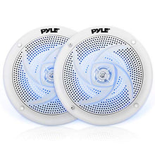 Load image into Gallery viewer, Low-Profile Waterproof Marine Speakers - 240W 6.5 Inch 2 Way 1 Pair Slim Style Waterproof Weather Resistant Outdoor Audio Stereo Sound System w/ Blue Illuminating LED Lights - Pyle (White)
