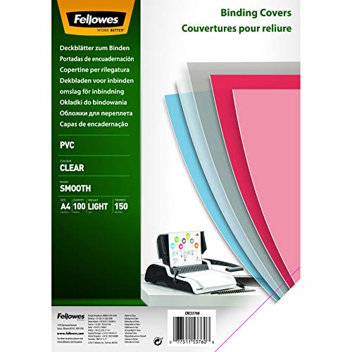 Fellowes 5376001 PVC Binding Covers A4 150 Microns Clear 100 Pack