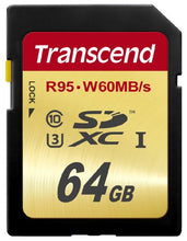 Load image into Gallery viewer, Transcend 64 Gb High Speed 10 Uhs 3 Flash Memory Card 95/60 Mb/S (Ts64 Gsdu3),Gold
