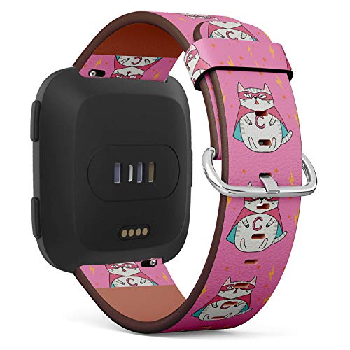 Replacement Leather Strap Printing Wristbands Compatible with Fitbit Versa - Funny Cartoon Super Cat Hotpink Background