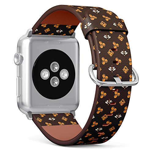 Compatible with Big Apple Watch 42mm, 44mm, 45mm (All Series) Leather Watch Wrist Band Strap Bracelet with Adapters (Yellow Bee Hive Honeycomb On)
