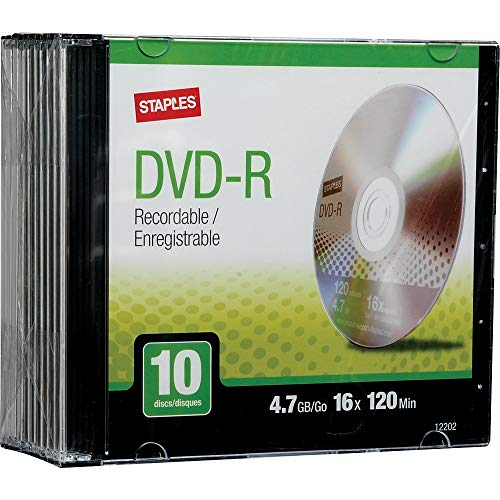STAPLES 560845 4.7Gb 16X DVD-R Slim Jewel Case 10/Pack (12202)