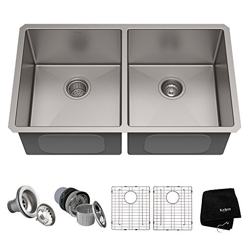 Kraus Standart PRO 33-inch 16 Gauge Undermount 50/50 Double Bowl Stainless Steel Kitchen Sink, KHU102-33